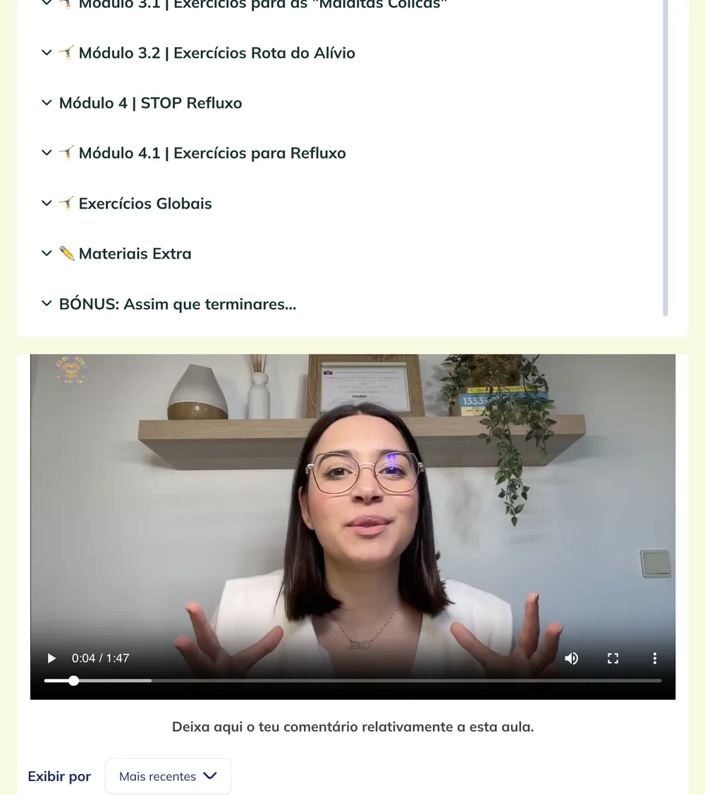 Captura de ecrã da plataforma do curso: reprodutor de vídeo-aula da Inês de Castro com a lista de módulos visível